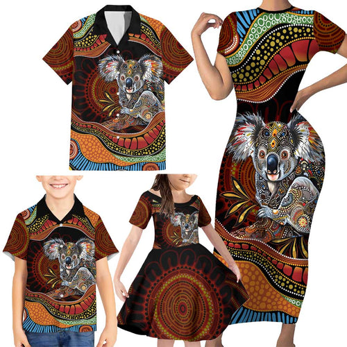 Indigenous Koala Australia Family Matching Short Sleeve Bodycon Dress and Hawaiian Shirt Australian Aboriginal Art Proud