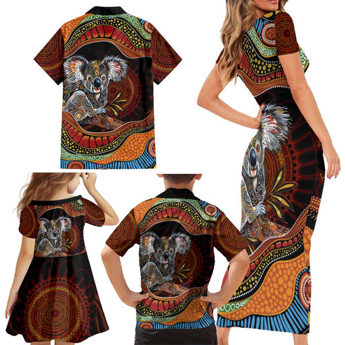 Indigenous Koala Australia Family Matching Short Sleeve Bodycon Dress and Hawaiian Shirt Australian Aboriginal Art Proud