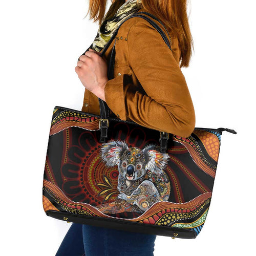 Indigenous Koala Australia Leather Tote Bag Australian Aboriginal Art Proud