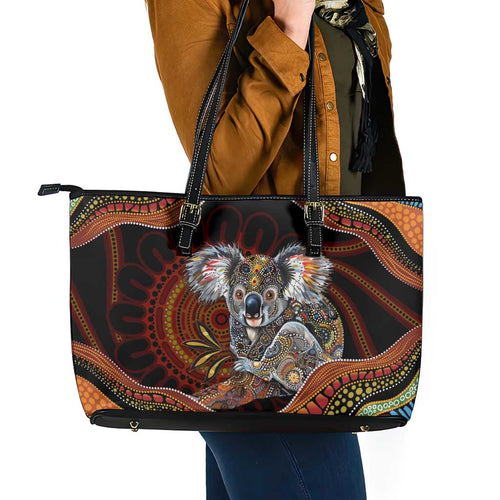 Indigenous Koala Australia Leather Tote Bag Australian Aboriginal Art Proud
