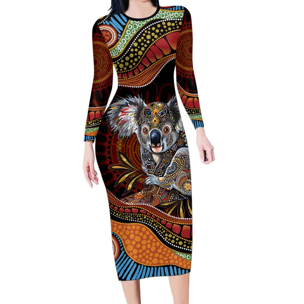 Indigenous Koala Australia Long Sleeve Bodycon Dress Australian Aboriginal Art Proud