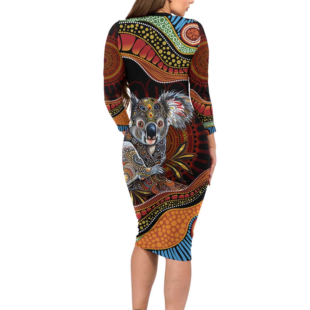 Indigenous Koala Australia Long Sleeve Bodycon Dress Australian Aboriginal Art Proud