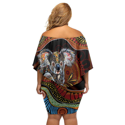 Indigenous Koala Australia Off Shoulder Short Dress Australian Aboriginal Art Proud