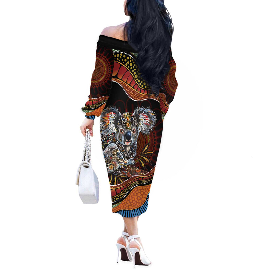 Indigenous Koala Australia Off The Shoulder Long Sleeve Dress Australian Aboriginal Art Proud