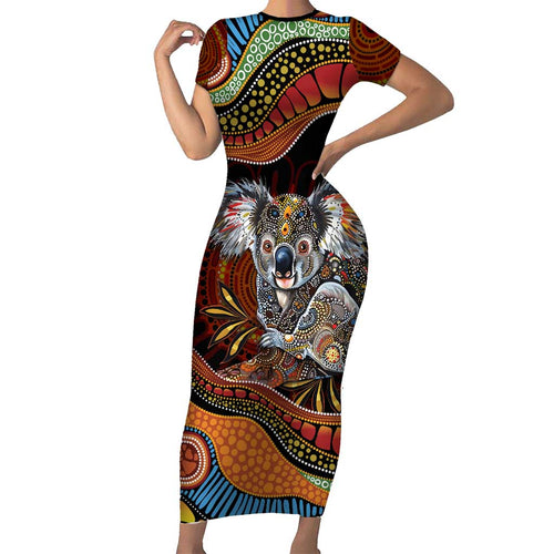 Indigenous Koala Australia Short Sleeve Bodycon Dress Australian Aboriginal Art Proud