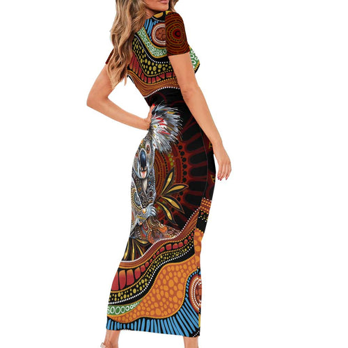 Indigenous Koala Australia Short Sleeve Bodycon Dress Australian Aboriginal Art Proud