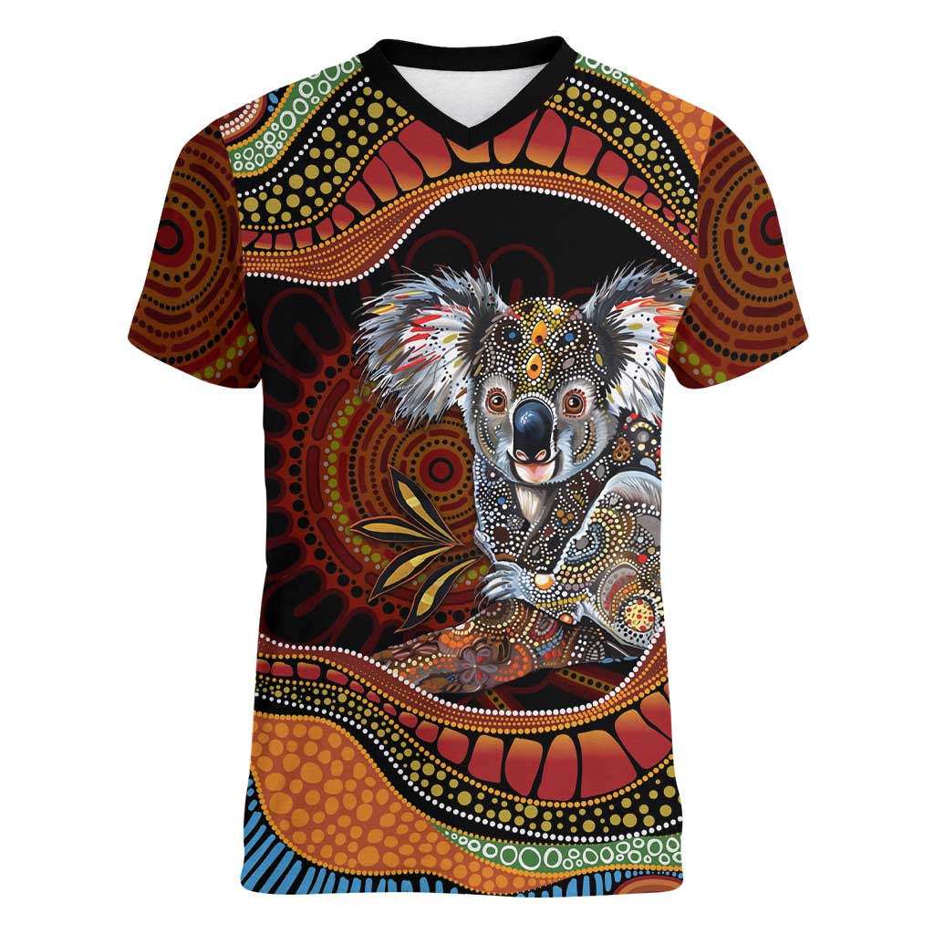 Indigenous Koala Australia Women V-Neck T-Shirt Australian Aboriginal Art Proud