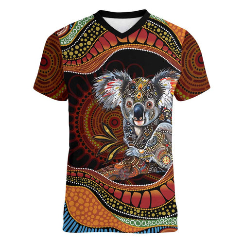 Indigenous Koala Australia Women V-Neck T-Shirt Australian Aboriginal Art Proud