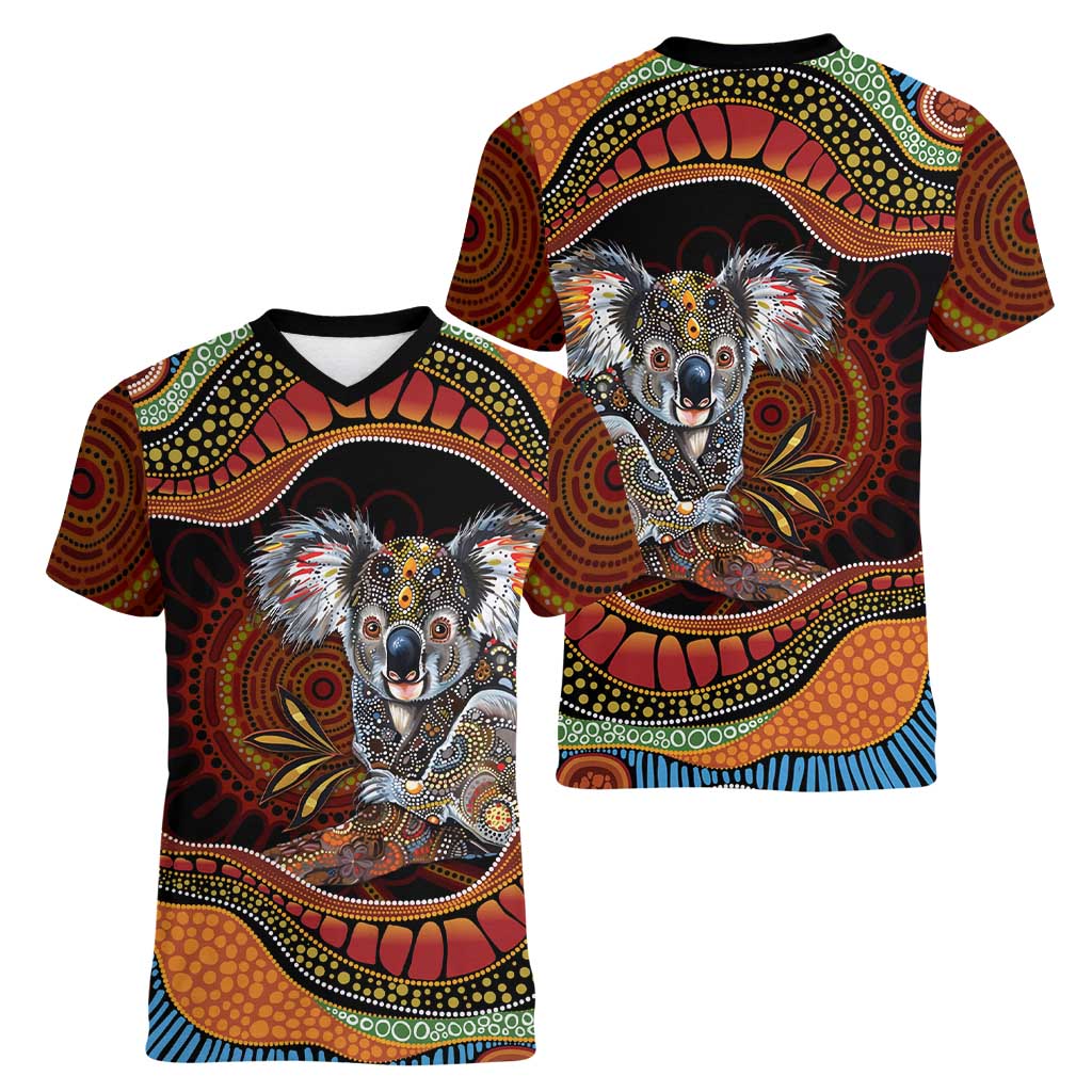 Indigenous Koala Australia Women V-Neck T-Shirt Australian Aboriginal Art Proud
