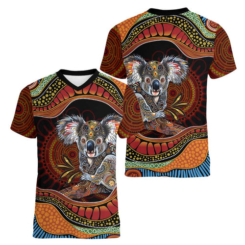 Indigenous Koala Australia Women V-Neck T-Shirt Australian Aboriginal Art Proud