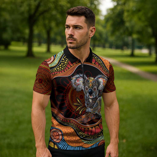 Indigenous Koala Australia Zipper Polo Shirt Australian Aboriginal Art Proud