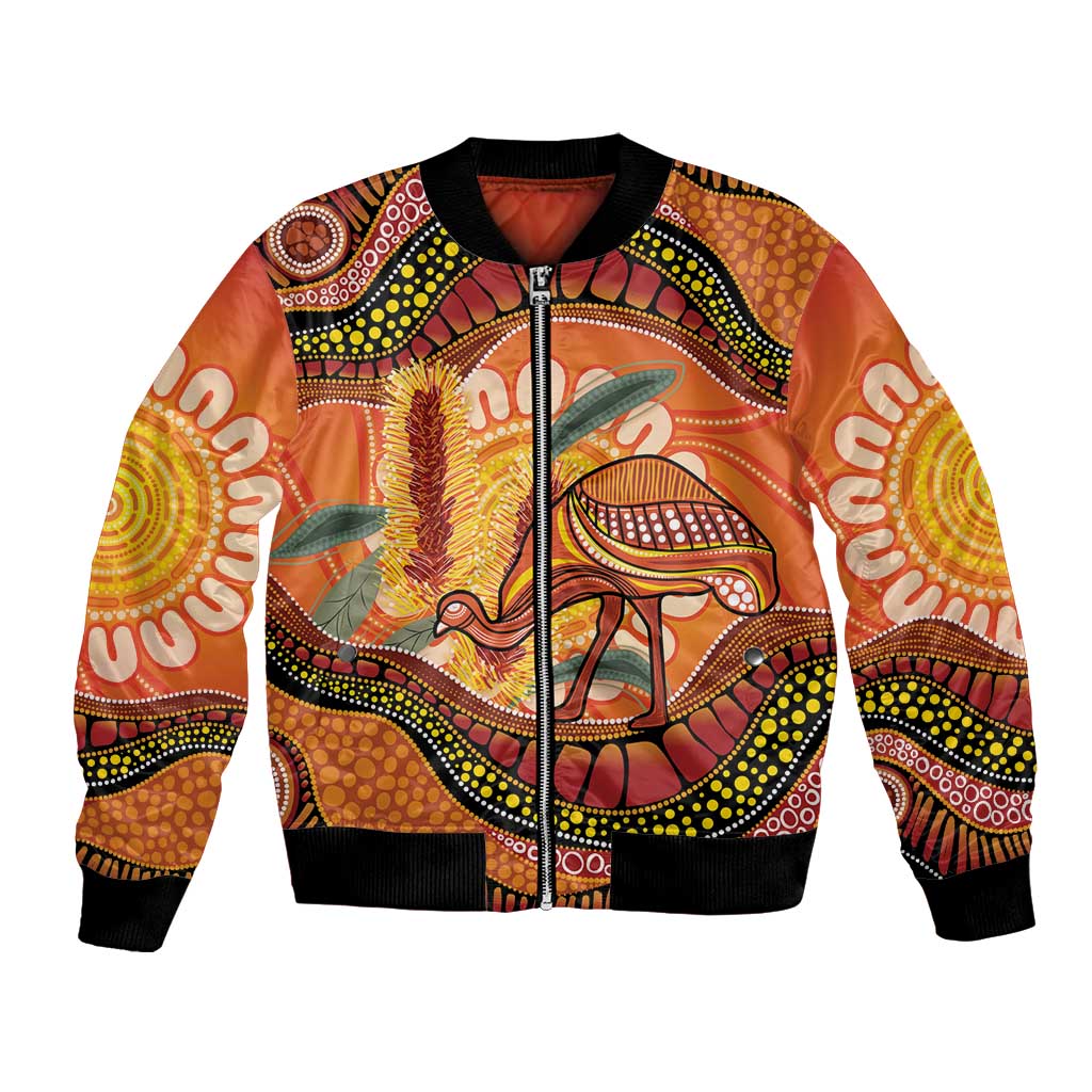 Indigenous Emu Australia Bomber Jacket Australian Bottlebrushes Aboriginal Art Proud