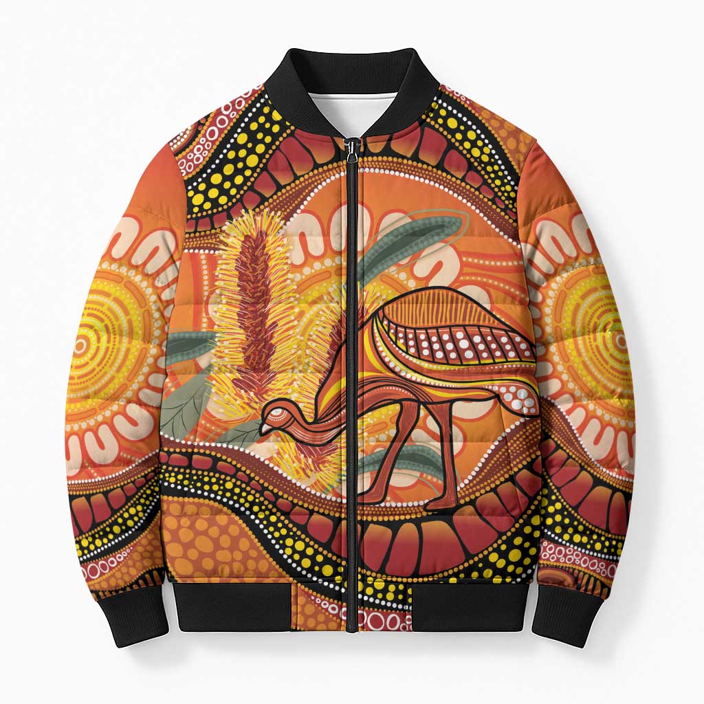 Indigenous Emu Australia Bomber Puffer Jacket Australian Bottlebrushes Aboriginal Art Proud