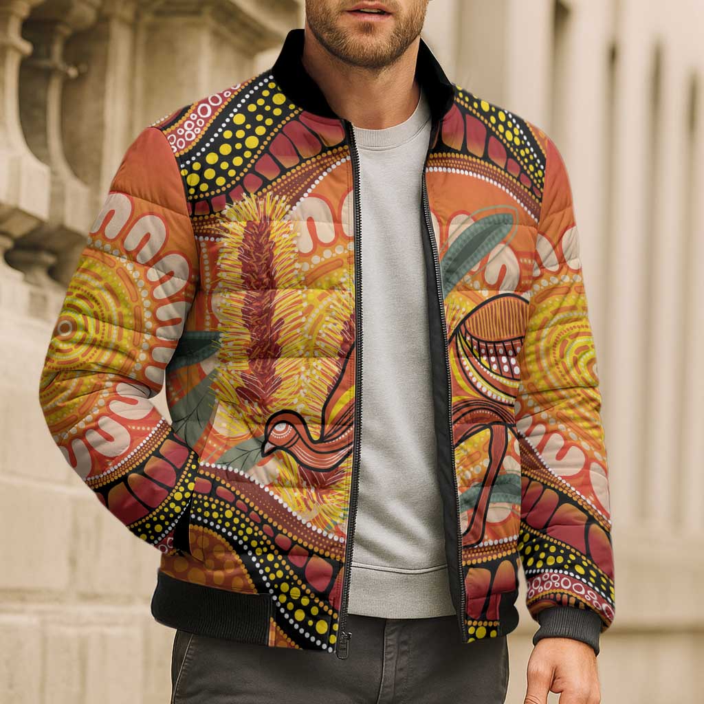 Indigenous Emu Australia Bomber Puffer Jacket Australian Bottlebrushes Aboriginal Art Proud