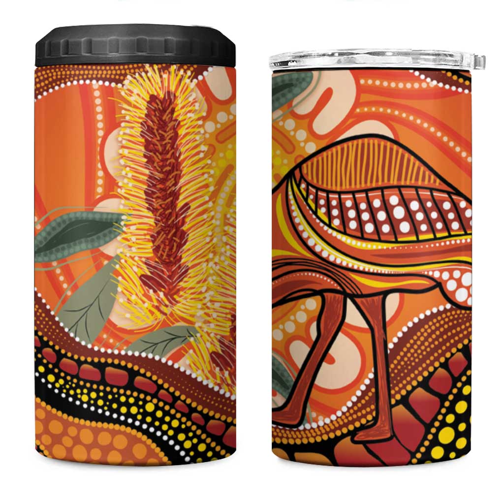 Indigenous Emu Australia 4 in 1 Can Cooler Tumbler Australian Bottlebrushes Aboriginal Art Proud
