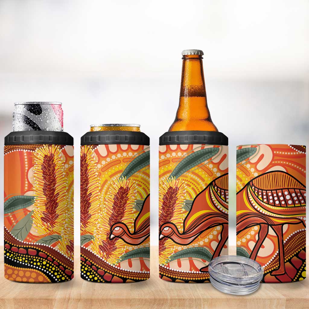 Indigenous Emu Australia 4 in 1 Can Cooler Tumbler Australian Bottlebrushes Aboriginal Art Proud