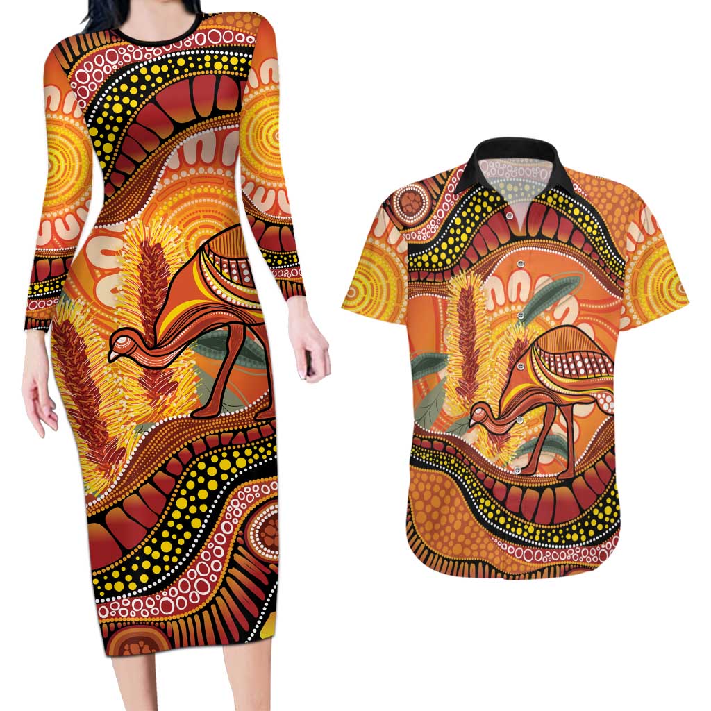Indigenous Emu Australia Couples Matching Long Sleeve Bodycon Dress and Hawaiian Shirt Australian Bottlebrushes Aboriginal Art Proud