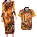 Indigenous Emu Australia Couples Matching Long Sleeve Bodycon Dress and Hawaiian Shirt Australian Bottlebrushes Aboriginal Art Proud