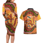 Indigenous Emu Australia Couples Matching Long Sleeve Bodycon Dress and Hawaiian Shirt Australian Bottlebrushes Aboriginal Art Proud