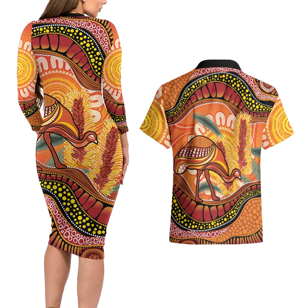 Indigenous Emu Australia Couples Matching Long Sleeve Bodycon Dress and Hawaiian Shirt Australian Bottlebrushes Aboriginal Art Proud