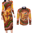 Indigenous Emu Australia Couples Matching Long Sleeve Bodycon Dress and Long Sleeve Button Shirt Australian Bottlebrushes Aboriginal Art Proud