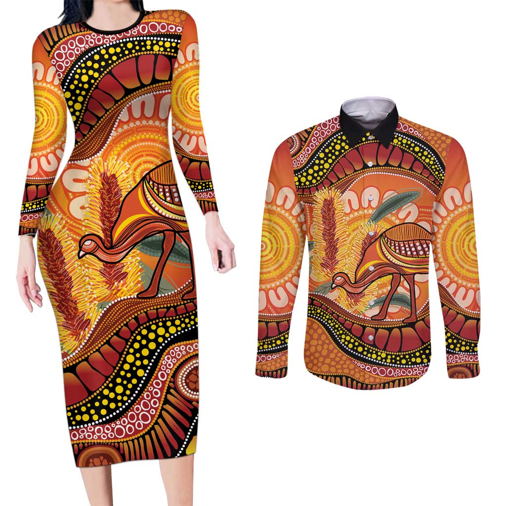 Indigenous Emu Australia Couples Matching Long Sleeve Bodycon Dress and Long Sleeve Button Shirt Australian Bottlebrushes Aboriginal Art Proud