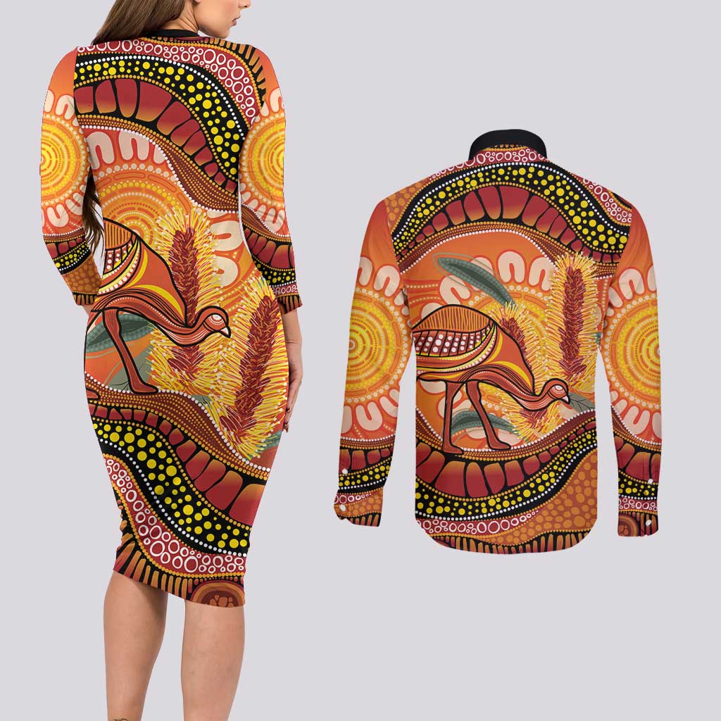 Indigenous Emu Australia Couples Matching Long Sleeve Bodycon Dress and Long Sleeve Button Shirt Australian Bottlebrushes Aboriginal Art Proud