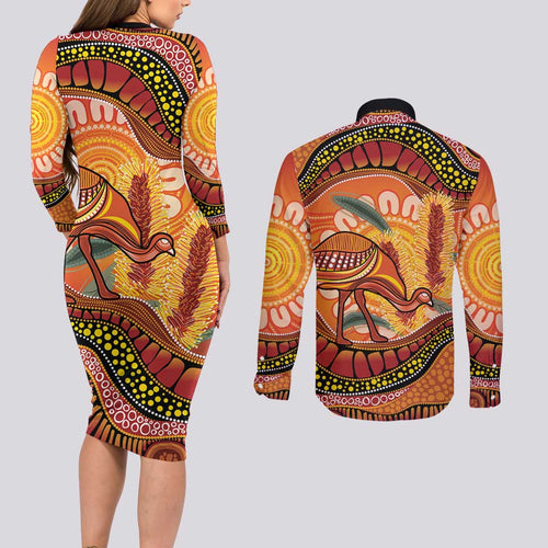 Indigenous Emu Australia Couples Matching Long Sleeve Bodycon Dress and Long Sleeve Button Shirt Australian Bottlebrushes Aboriginal Art Proud