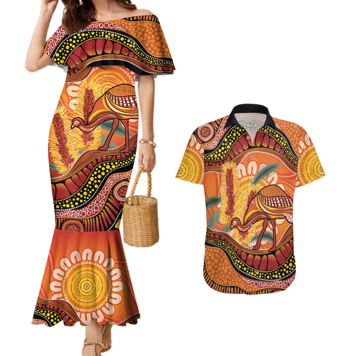 Indigenous Emu Australia Couples Matching Mermaid Dress and Hawaiian Shirt Australian Bottlebrushes Aboriginal Art Proud