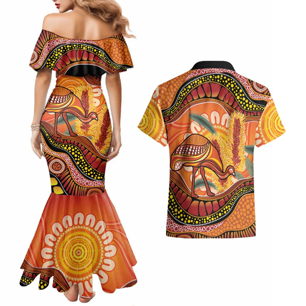 Indigenous Emu Australia Couples Matching Mermaid Dress and Hawaiian Shirt Australian Bottlebrushes Aboriginal Art Proud
