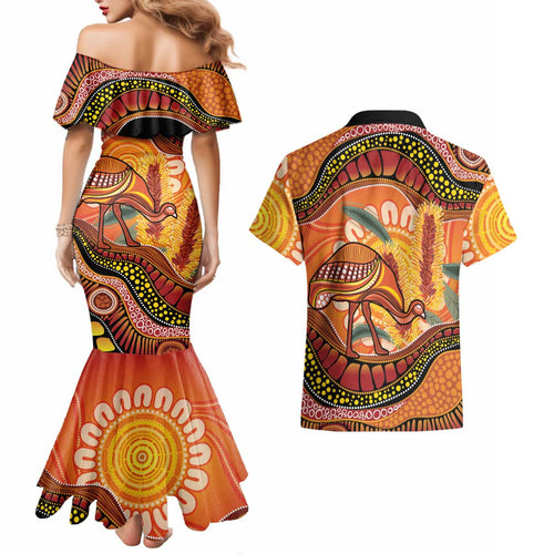 Indigenous Emu Australia Couples Matching Mermaid Dress and Hawaiian Shirt Australian Bottlebrushes Aboriginal Art Proud