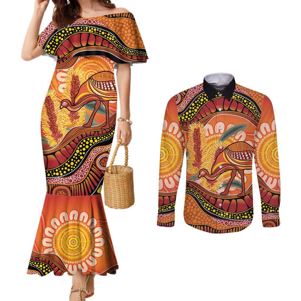Indigenous Emu Australia Couples Matching Mermaid Dress and Long Sleeve Button Shirt Australian Bottlebrushes Aboriginal Art Proud