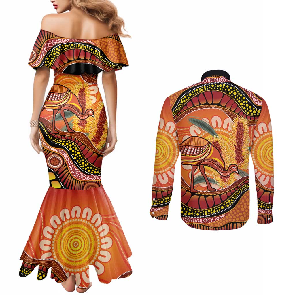 Indigenous Emu Australia Couples Matching Mermaid Dress and Long Sleeve Button Shirt Australian Bottlebrushes Aboriginal Art Proud