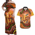 Indigenous Emu Australia Couples Matching Off Shoulder Maxi Dress and Hawaiian Shirt Australian Bottlebrushes Aboriginal Art Proud