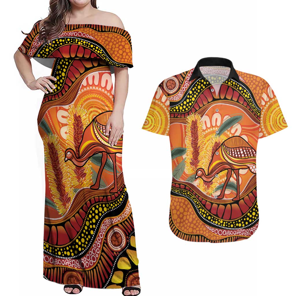 Indigenous Emu Australia Couples Matching Off Shoulder Maxi Dress and Hawaiian Shirt Australian Bottlebrushes Aboriginal Art Proud