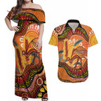 Indigenous Emu Australia Couples Matching Off Shoulder Maxi Dress and Hawaiian Shirt Australian Bottlebrushes Aboriginal Art Proud