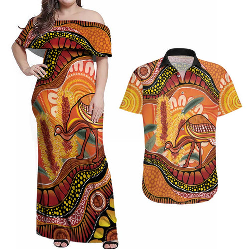 Indigenous Emu Australia Couples Matching Off Shoulder Maxi Dress and Hawaiian Shirt Australian Bottlebrushes Aboriginal Art Proud