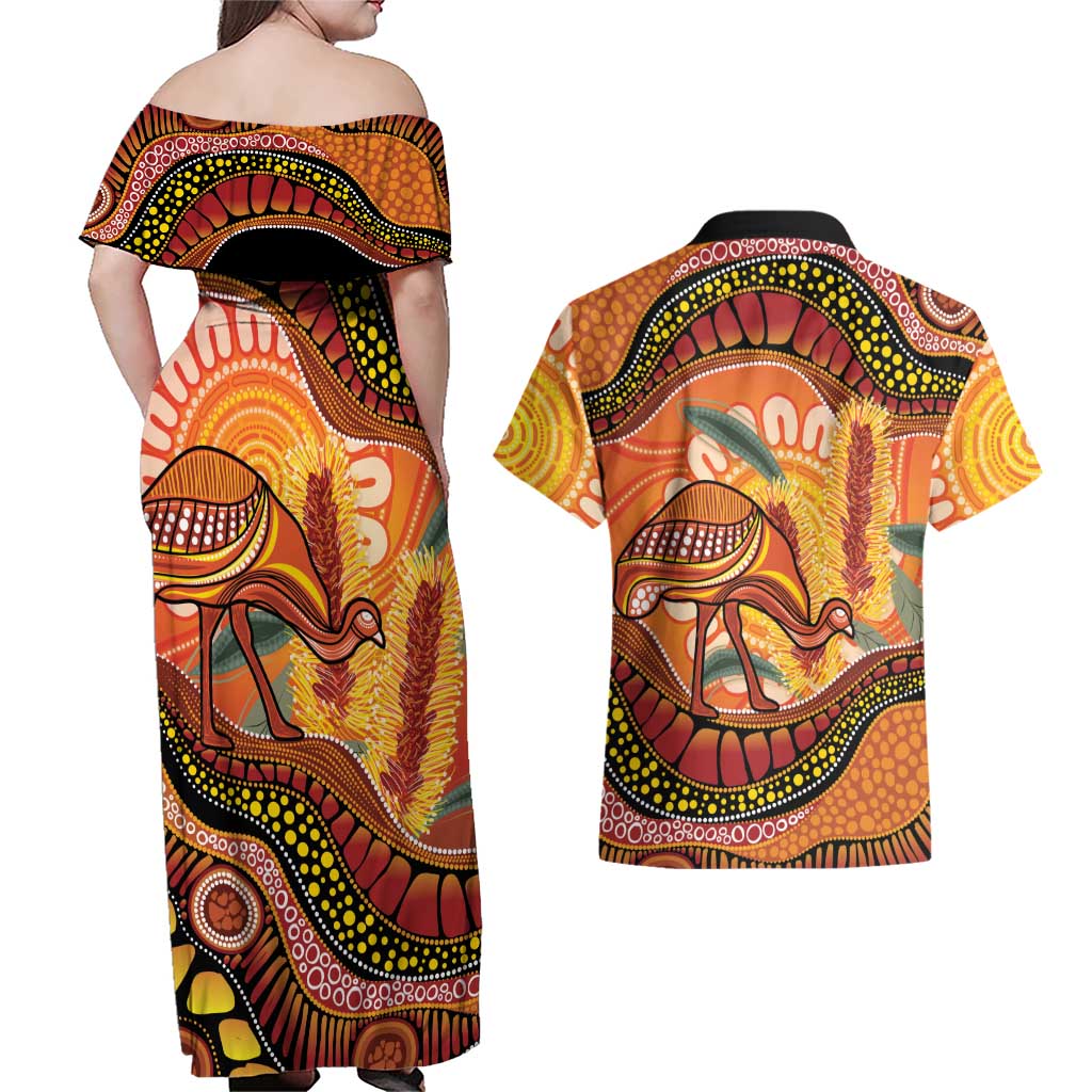 Indigenous Emu Australia Couples Matching Off Shoulder Maxi Dress and Hawaiian Shirt Australian Bottlebrushes Aboriginal Art Proud