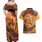 Indigenous Emu Australia Couples Matching Off Shoulder Maxi Dress and Hawaiian Shirt Australian Bottlebrushes Aboriginal Art Proud