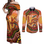 Indigenous Emu Australia Couples Matching Off Shoulder Maxi Dress and Long Sleeve Button Shirt Australian Bottlebrushes Aboriginal Art Proud