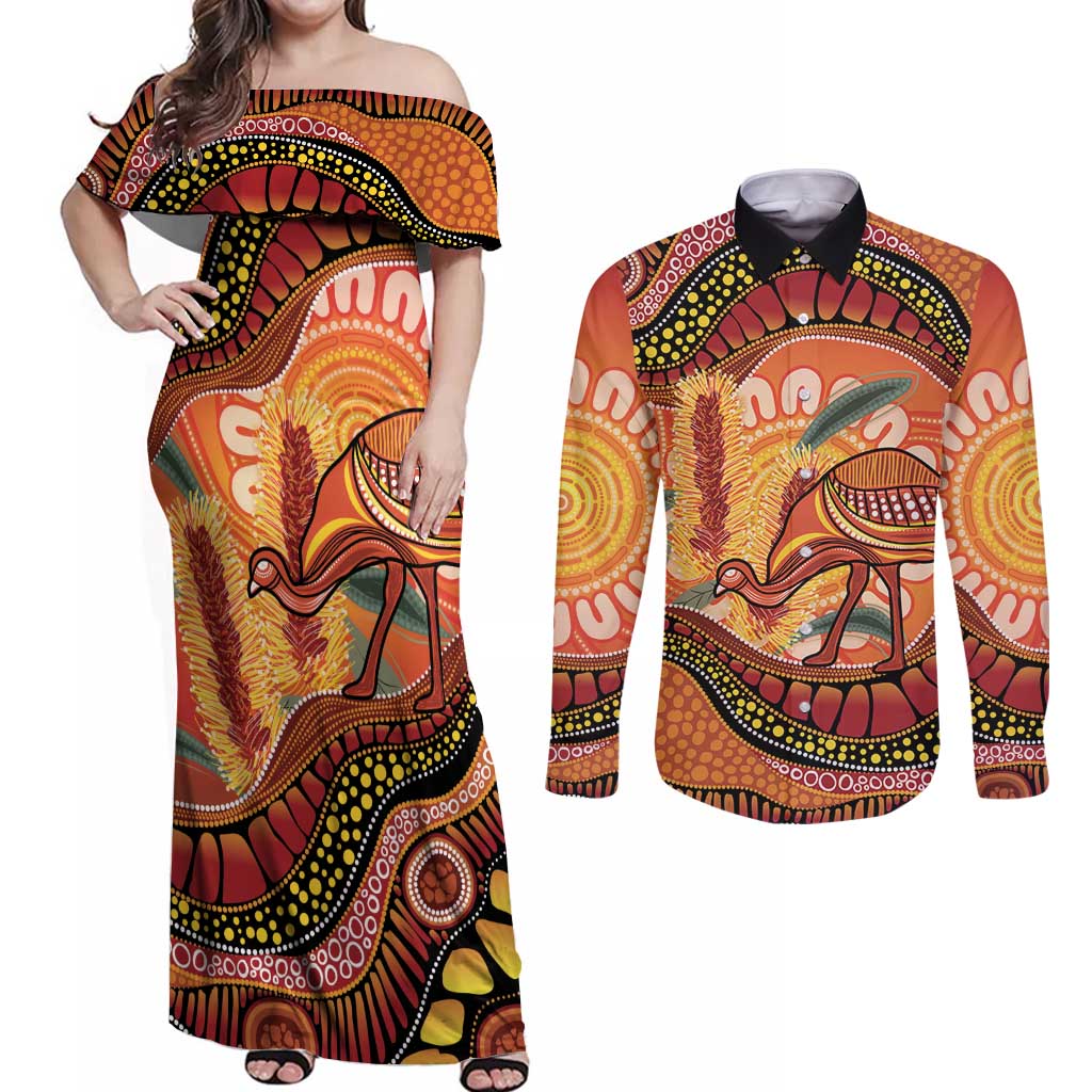 Indigenous Emu Australia Couples Matching Off Shoulder Maxi Dress and Long Sleeve Button Shirt Australian Bottlebrushes Aboriginal Art Proud