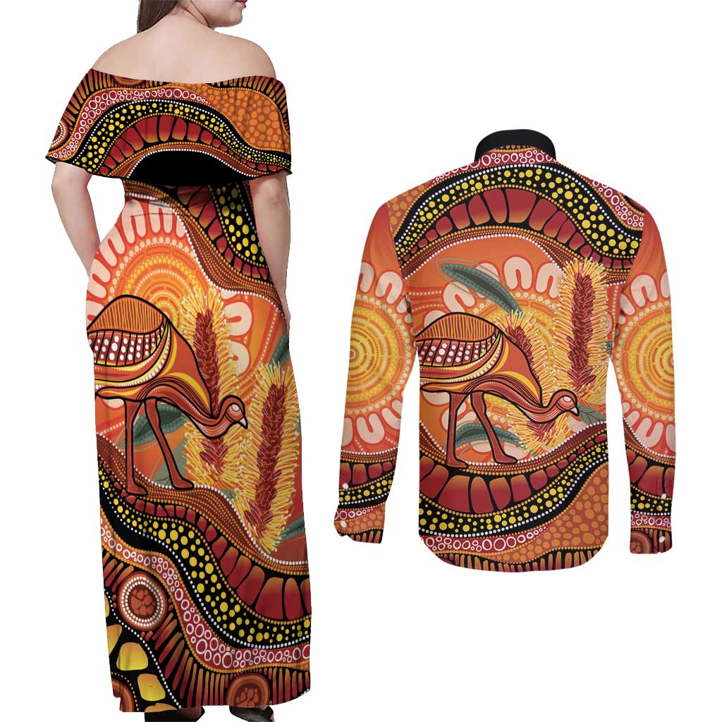Indigenous Emu Australia Couples Matching Off Shoulder Maxi Dress and Long Sleeve Button Shirt Australian Bottlebrushes Aboriginal Art Proud