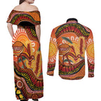 Indigenous Emu Australia Couples Matching Off Shoulder Maxi Dress and Long Sleeve Button Shirt Australian Bottlebrushes Aboriginal Art Proud