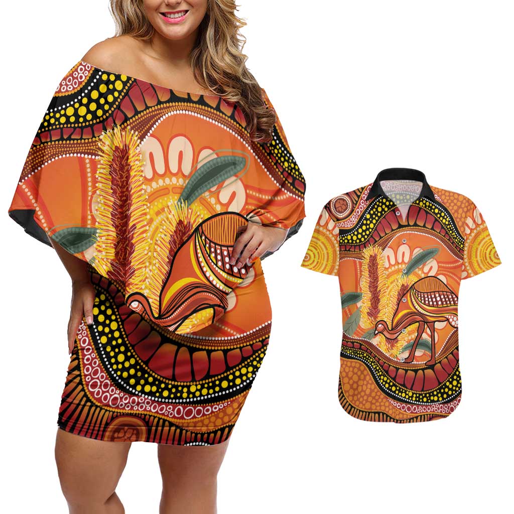 Indigenous Emu Australia Couples Matching Off Shoulder Short Dress and Hawaiian Shirt Australian Bottlebrushes Aboriginal Art Proud