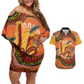 Indigenous Emu Australia Couples Matching Off Shoulder Short Dress and Hawaiian Shirt Australian Bottlebrushes Aboriginal Art Proud