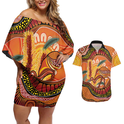 Indigenous Emu Australia Couples Matching Off Shoulder Short Dress and Hawaiian Shirt Australian Bottlebrushes Aboriginal Art Proud