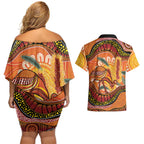 Indigenous Emu Australia Couples Matching Off Shoulder Short Dress and Hawaiian Shirt Australian Bottlebrushes Aboriginal Art Proud
