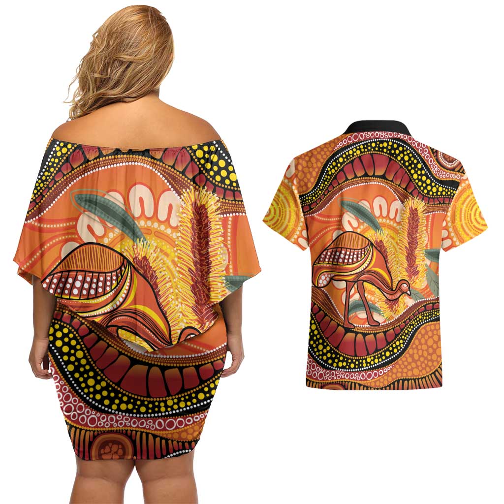 Indigenous Emu Australia Couples Matching Off Shoulder Short Dress and Hawaiian Shirt Australian Bottlebrushes Aboriginal Art Proud