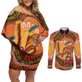 Indigenous Emu Australia Couples Matching Off Shoulder Short Dress and Long Sleeve Button Shirt Australian Bottlebrushes Aboriginal Art Proud