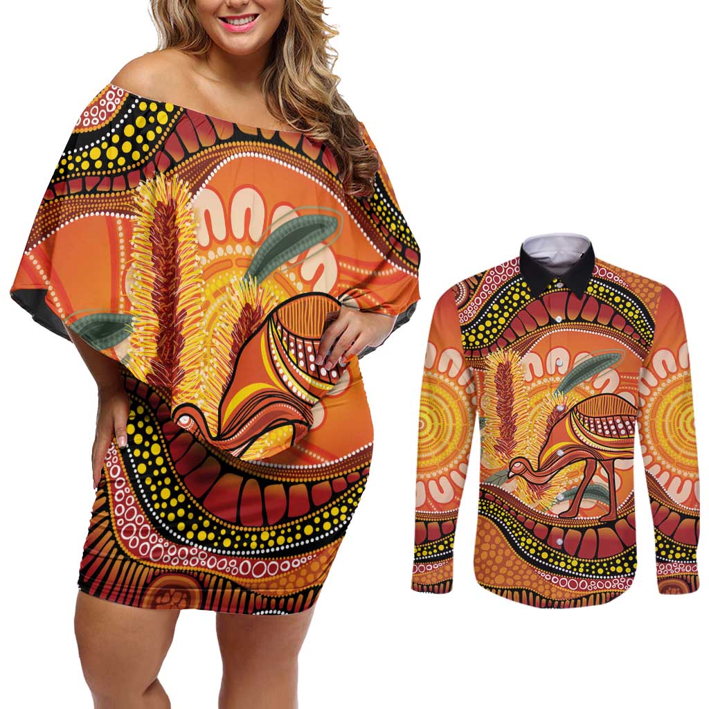 Indigenous Emu Australia Couples Matching Off Shoulder Short Dress and Long Sleeve Button Shirt Australian Bottlebrushes Aboriginal Art Proud